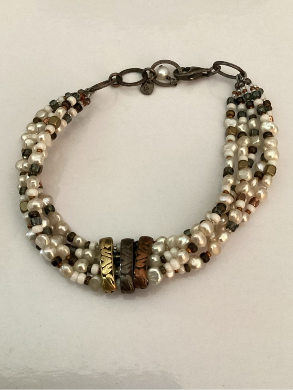 Silpada silver,copper, brass, & 5 strand pearl bracelet